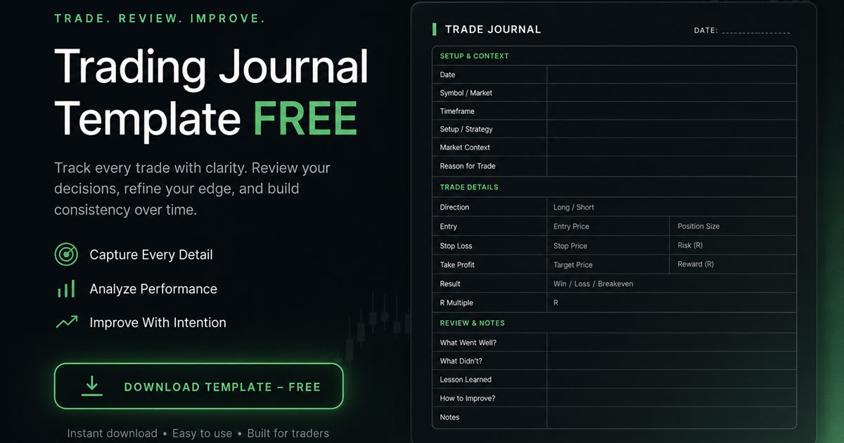 Trading journal template columns designed for a dark UI aesthetic.